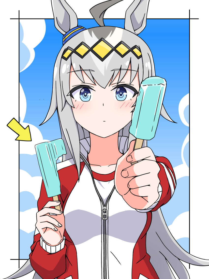 1girl, ahoge, animal_ears, arrow_(symbol), bangs, blue_eyes, blush, breasts