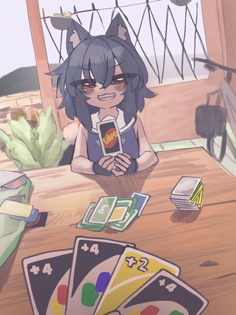 1girl, 1other, apuferu, bangs, bare_shoulders, bicycle, black_gloves, black_hair, black_shirt, brick_wall, card, day, fingerless_gloves, gloves, grin, ground_vehicle, hair_between_eyes, holding, holding_card, indoors, looking_at_viewer, mountain, original, red_eyes, sailor_collar, shirt, sleeveless, sleeveless_shirt, smile, solo_focus, table, uno_(game), white_sailor_collar