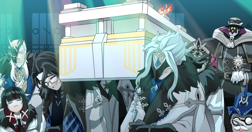 arlecchino_(genshin_impact), capitano_(genshin_impact), casket, columbina_(genshin_impact), dancing, dancing_pallbearers_(meme), dottore_(genshin_impact), genshin_impact, glasses, hat, highres, kodineun_haengbokhada, long_hair, long_nose, mask, mask_on_head, meme, pantalone_(genshin_impact), pierro_(genshin_impact), pulcinella_(genshin_impact), sandrone_(genshin_impact), top_hat