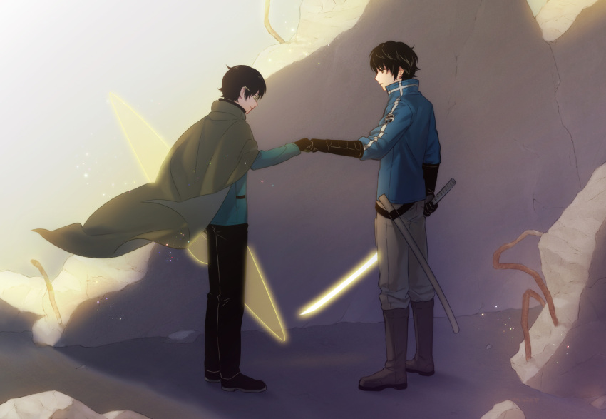 2boys, bangs, black_footwear, black_gloves, black_hair, black_pants, black_shirt, blue_jacket, boots, cape, emblem, energy_barrier, energy_shield, fist_bump, floating_clothes, from_behind, full_body, futaba_08_cnmrl, glasses, gloves, glowing, glowing_sword, glowing_weapon, green_cape, grey_footwear, grey_pants, holding, holding_sword, holding_weapon, jacket, karasuma_kyousuke, knee_boots, light_particles, long_sleeves, looking_at_another, looking_away, male_focus, mikumo_osamu, multiple_boys, outstretched_arm, pants, pants_tucked_in, profile, ruins, shield, shirt, shoes, short_hair, smile, standing, sunlight, sword, t-shirt, uniform, weapon, world_trigger