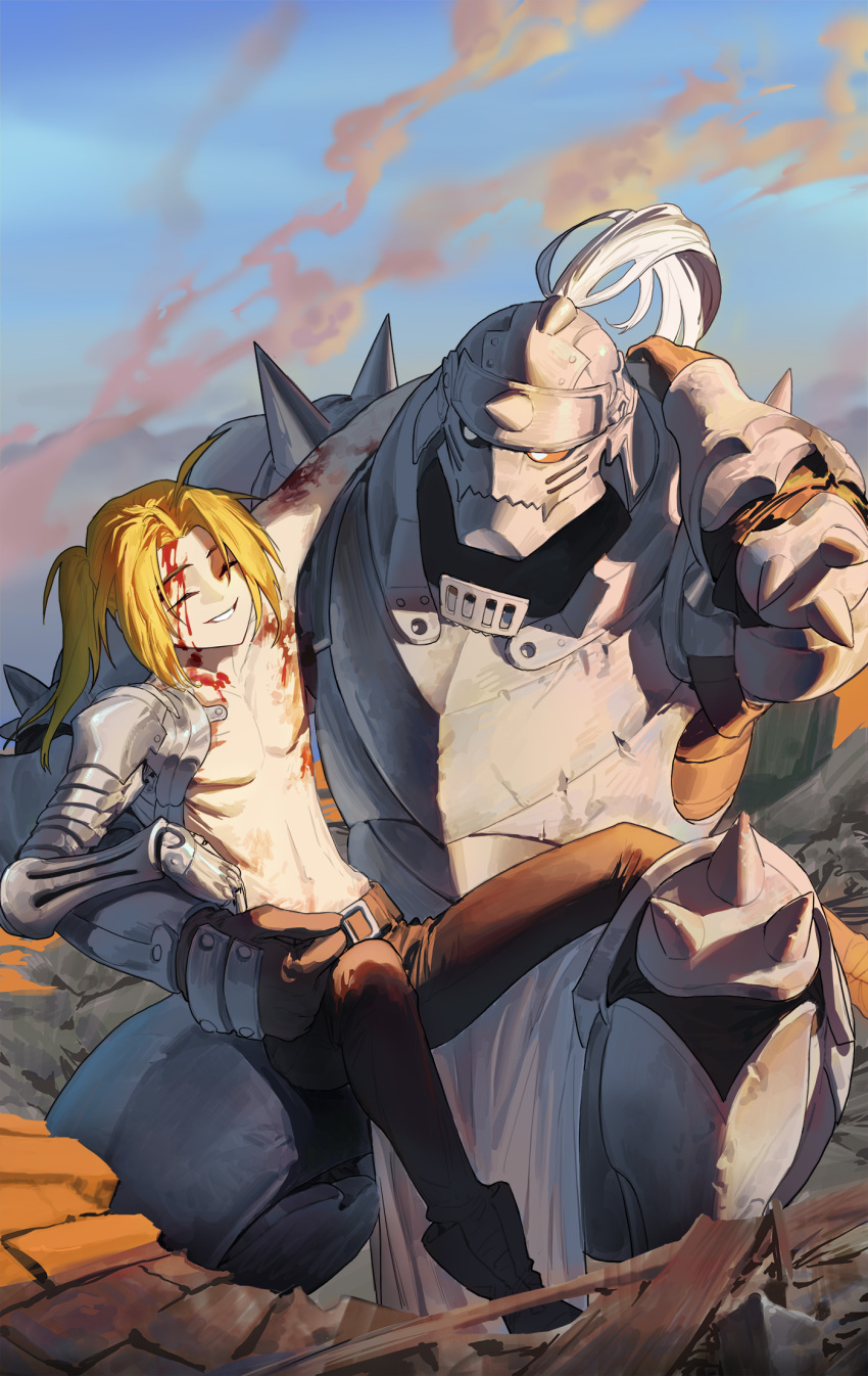 2boys, ahoge, alphonse_elric, arm_over_shoulder, arm_up, armor, belt, blonde_hair