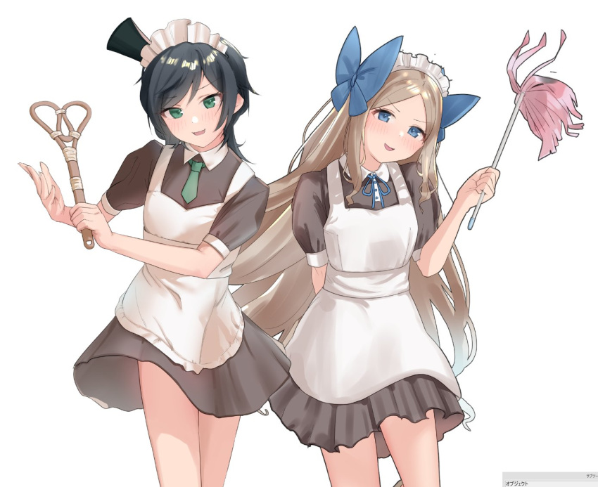 2girls, alternate_costume, apron, asakaze_(kancolle), bangs, black_hair, black_headwear, blue_bow
