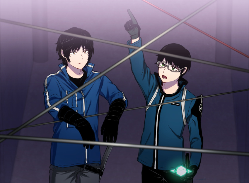 2boys, arm_rest, arm_up, arrow_(projectile), bangs, belt, black_gloves, black_hair
