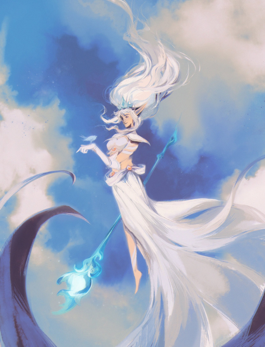 1girl, belt, bird, black_eyes, clouds, cloudy_sky, crown, day, elbow_gloves, gloves, hair_lift, highres, itssoikamadudes, janna_(league_of_legends), league_of_legends, long_hair, pointy_ears, shoulder_pads, skirt, sky, smile, solo, staff, white_hair