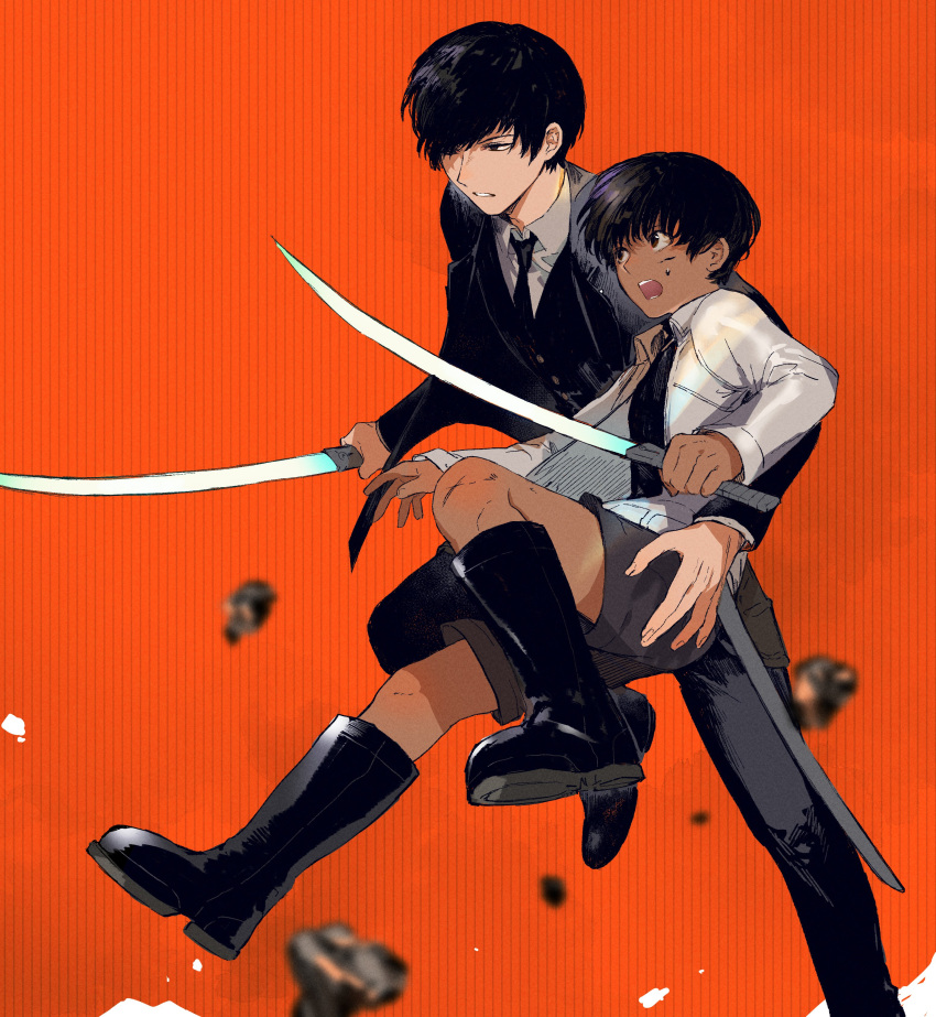 1boy, 1girl, absurdres, bangs, black_footwear, black_hair, black_jacket, black_necktie