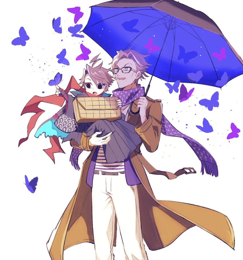 2boys, ahoge, bag, black-framed_eyewear, black_eyes, black_hakama, black_kimono, black_umbrella