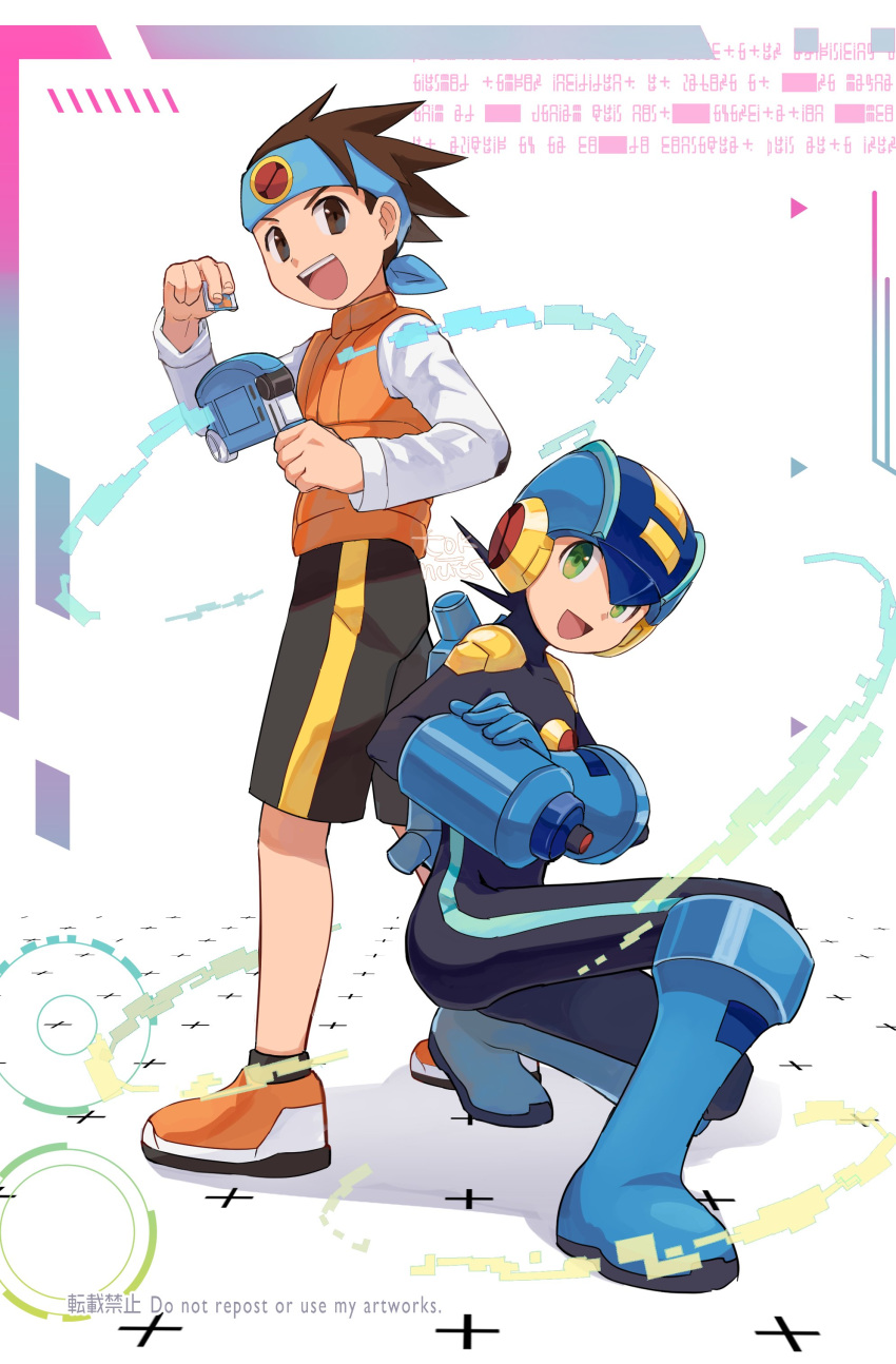 2boys, :d, absurdres, arm_cannon, artist_name, battle_chip, black_bodysuit, black_hair
