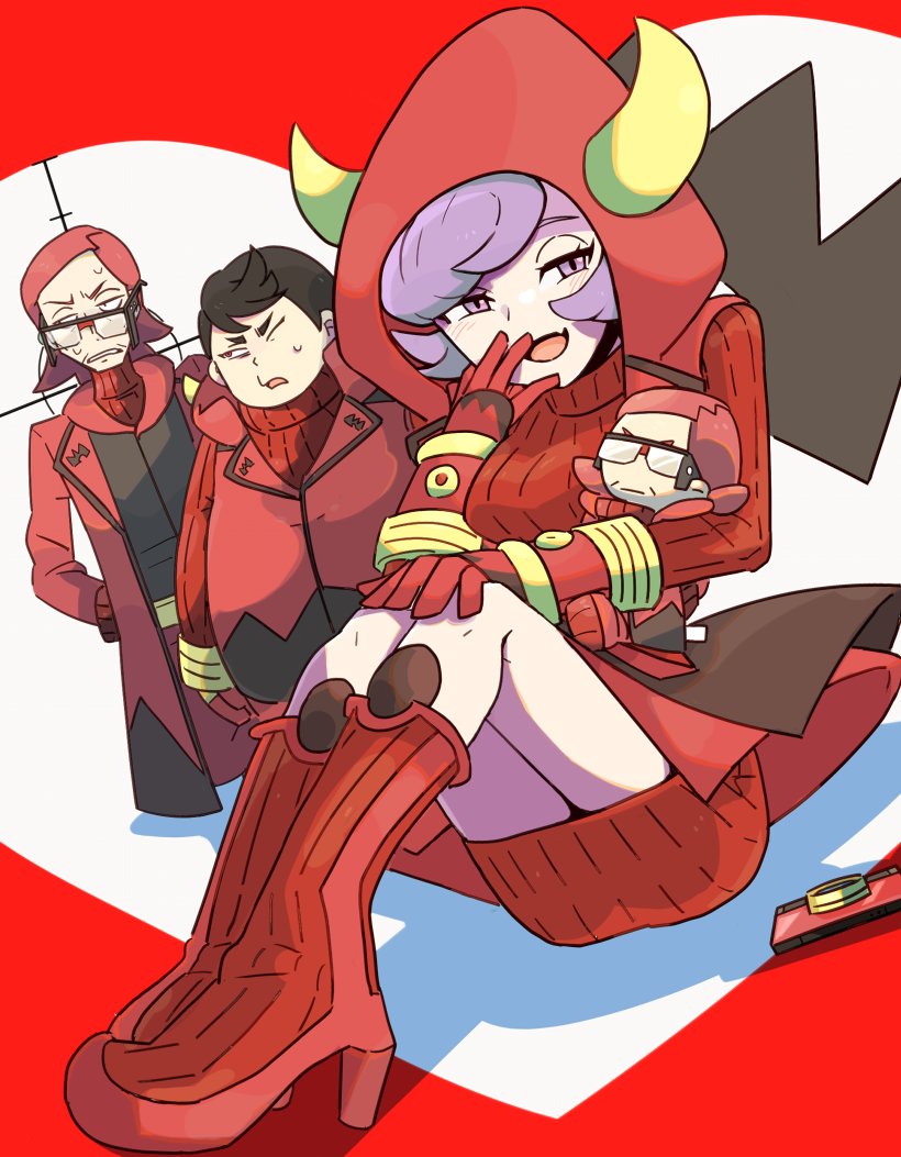 1girl, 2boys, bangs, black_hair, boots, character_doll, coat, courtney_(pokemon)