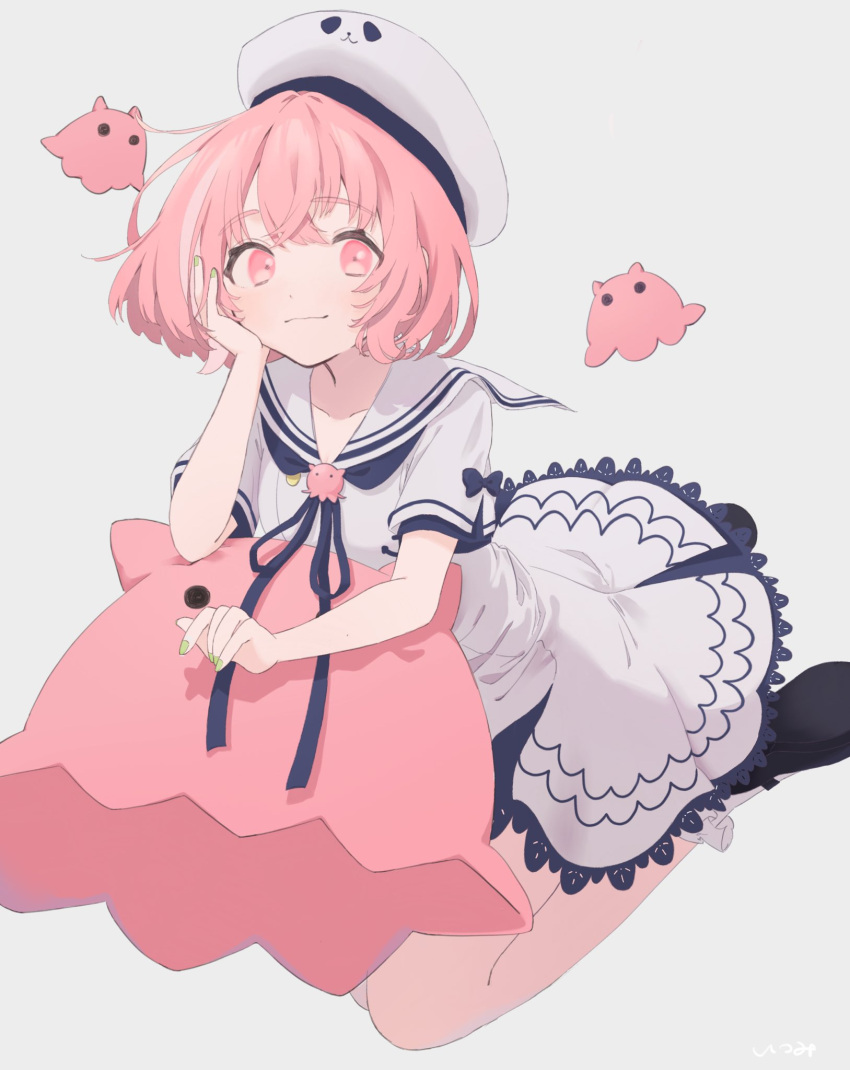 1girl, asymmetrical_bangs, bangs, black_footwear, blue_dress, blue_ribbon, collarbone, dress, frilled_dress, frills, ghost, green_nails, grey_background, hand_on_own_face, hat, highres, itsme_yade, looking_at_viewer, multicolored_hair, nail_polish, neck_ribbon, nijisanji, pink_eyes, pink_hair, ribbon, sailor_collar, sailor_hat, sasaki_saku, short_hair, signature, solo, streaked_hair, two-tone_dress, virtual_youtuber, wavy_mouth, white_dress