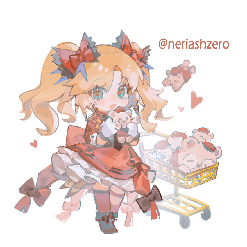 1girl, arknights, black_bow, black_footwear, blush, boots, bow, chibi