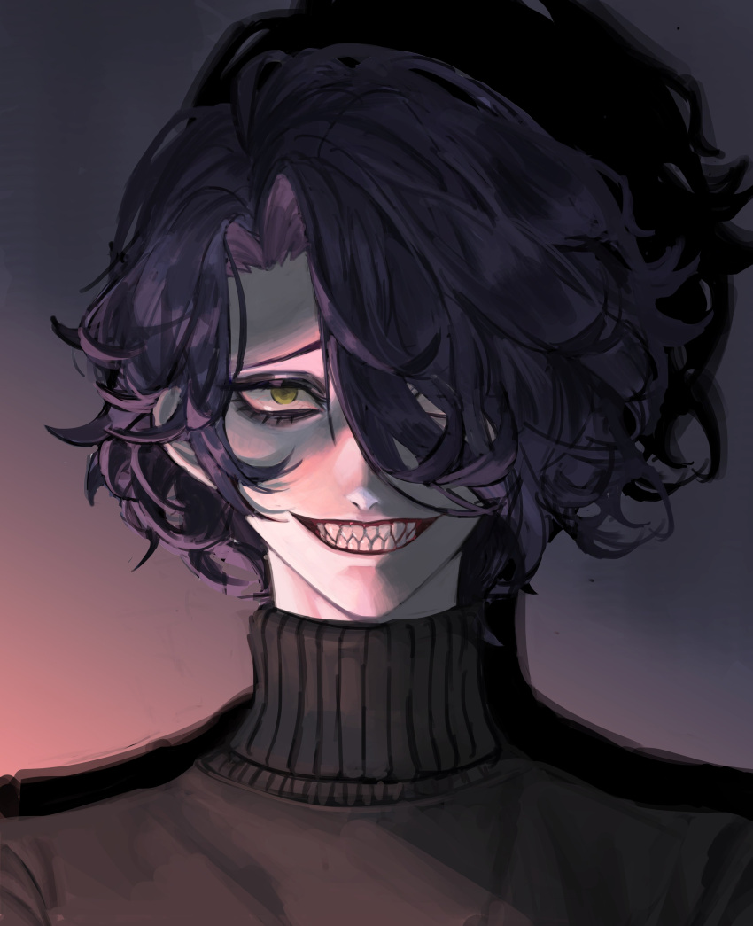 1boy, absurdres, cookie_run, eyelashes, eyeshadow, green_eyes, grin, hair_over_one_eye