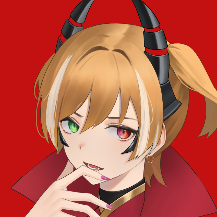 1girl, bangs, blonde_hair, commentary, daiba_nana, demon_horns, earrings, fake_horns