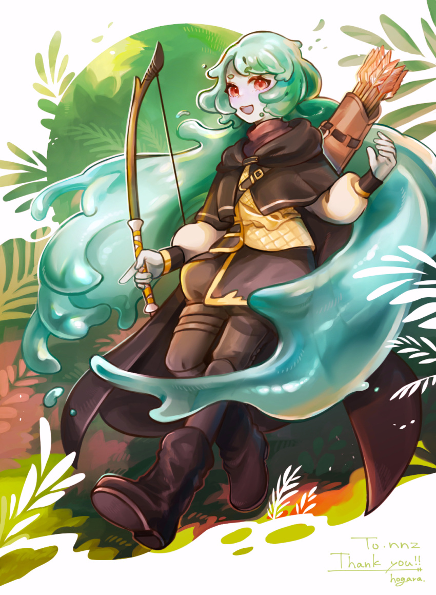 1girl, arrow_(projectile), black_cape, blush, boots, bow_(weapon), brown_footwear, cape, colored_skin, commission, fantasy, forest, grey_skin, highres, hogara, holding, holding_bow_(weapon), holding_weapon, hood, hood_down, hooded_cape, liquid_hair, long_hair, looking_at_viewer, monster_girl, nature, open_mouth, original, quiver, red_eyes, short_eyebrows, signature, skeb_commission, slime_girl, smile, solo, teeth, thank_you, upper_teeth, very_long_hair, walking, weapon