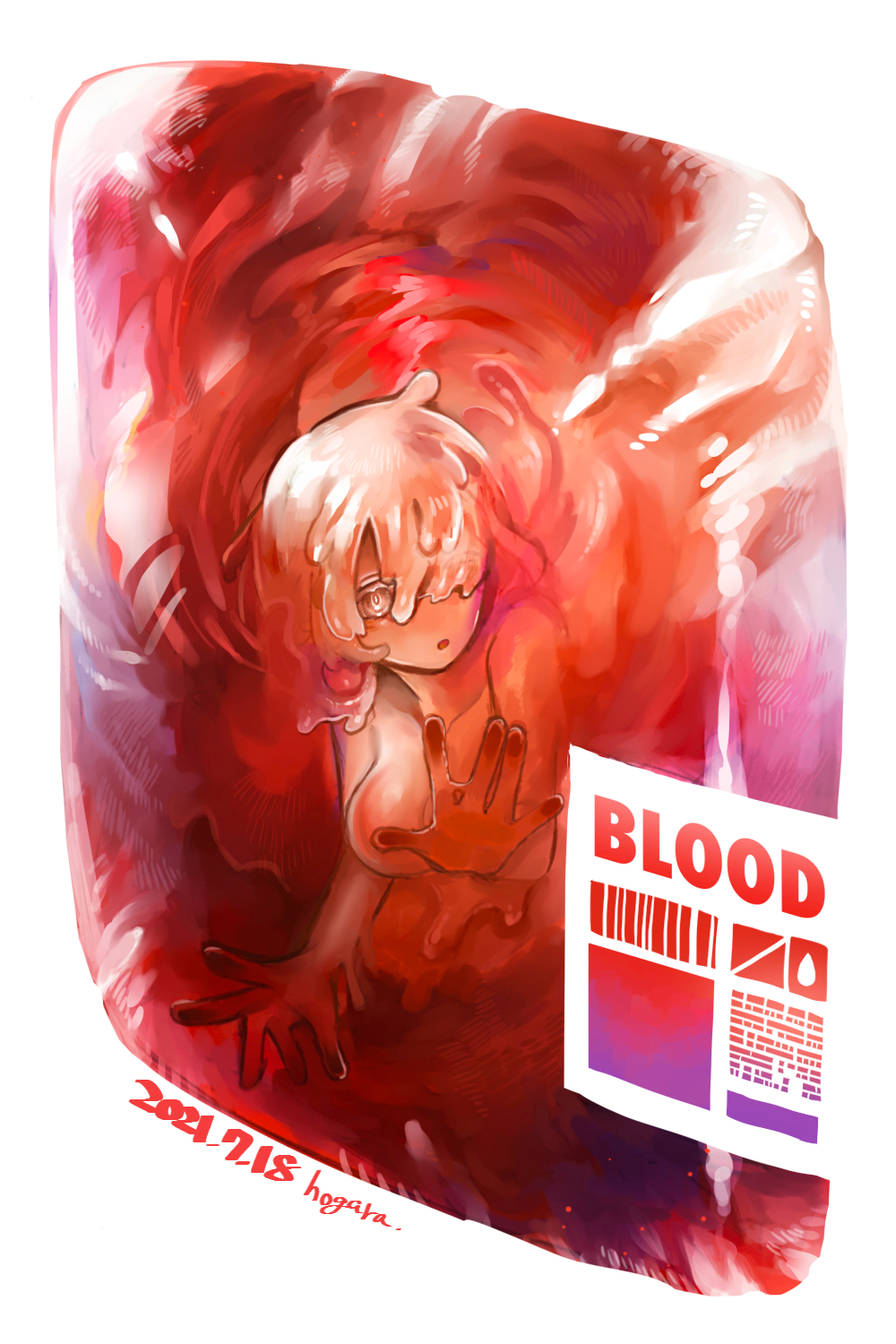 1girl, barcode, blood, blood_bag, dated, english_text, gradient, hair_over_one_eye