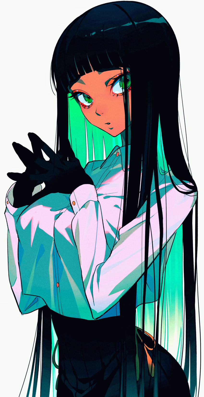 1girl, absurdres, bangs, black_gloves, black_hair, dark-skinned_female, dark_skin, eyeshadow