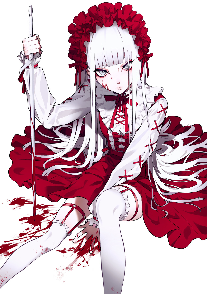 1girl, absurdres, bangs, blood, blood_on_clothes, blood_on_face, blood_on_weapon, blunt_bangs, commentary_request, dress, eyeliner, eyeshadow, frilled_dress, frilled_hairband, frilled_legwear, frills, grey_eyes, grey_pupils, hairband, highres, hime_cut, holding, holding_sword, holding_weapon, long_hair, long_sleeves, looking_at_viewer, makeup, neck_ribbon, original, parted_lips, red_dress, red_eyeshadow, red_ribbon, ribbon, sidelocks, simple_background, sitting, solo, straight_hair, sword, thigh-highs, thigh_strap, thighs, urkt_10, very_long_hair, weapon, white_background, white_hair, white_thighhighs