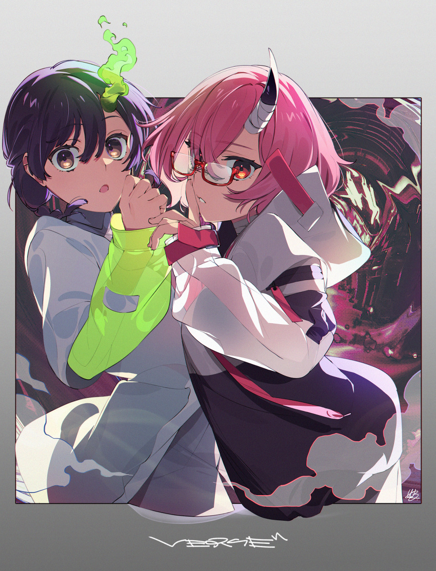 2girls, absurdres, bandaged_horns, black_horns, glasses, highres, horns, jacket