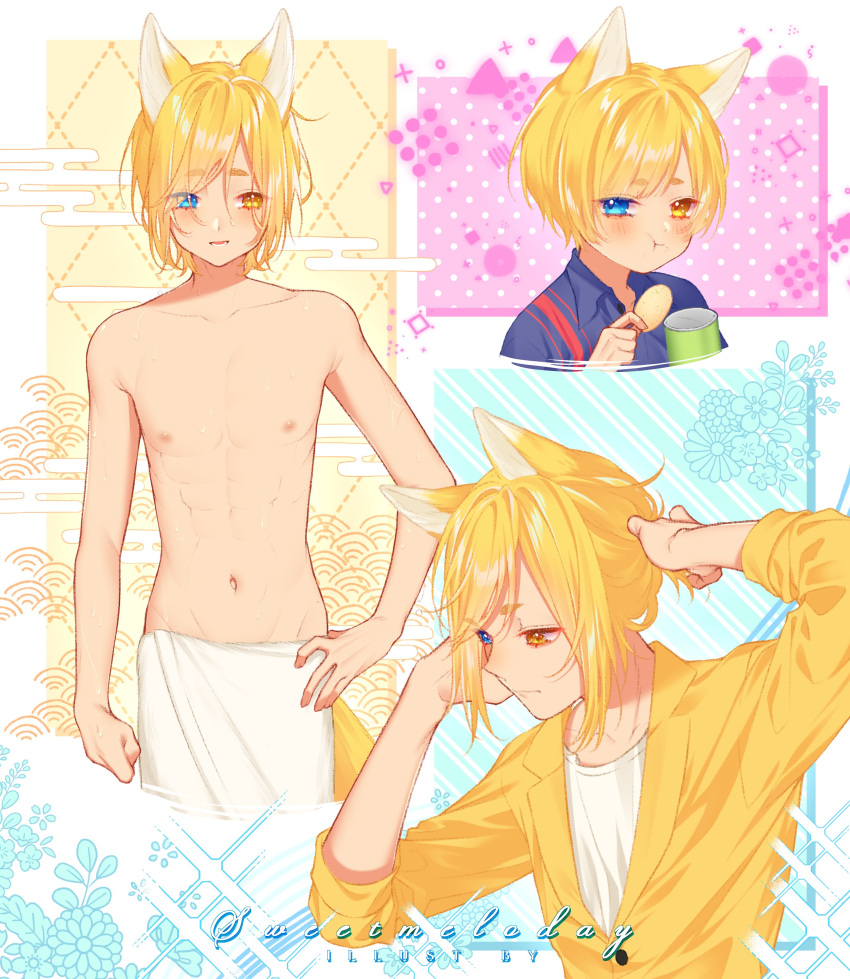 1boy, :t, abs, absurdres, animal_ears, blonde_hair, blue_eyes, blue_shirt