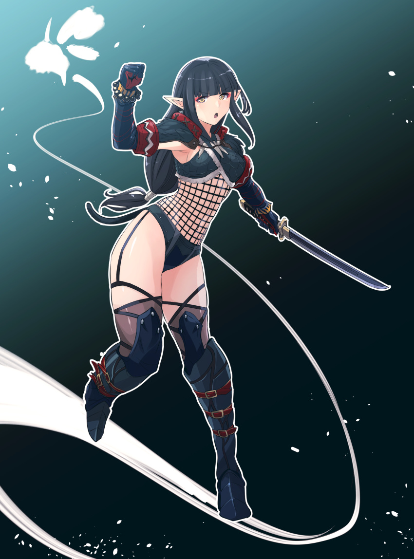 1girl, absurdres, armor, bangs, black_hair, blunt_bangs, breasts, fishnets