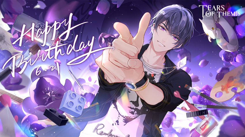 1boy, :d, bang_(gesture), bangs, black_jacket, brush, dog_tags, dress