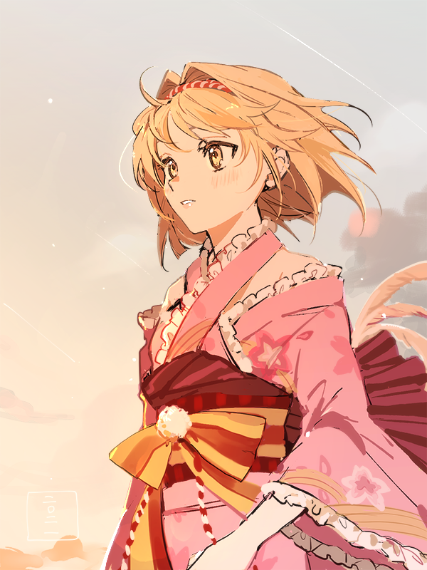 1girl, ahoge, blonde_hair, character_request, copyright_request, cunonn, djeeta_(granblue_fantasy), frilled_kimono