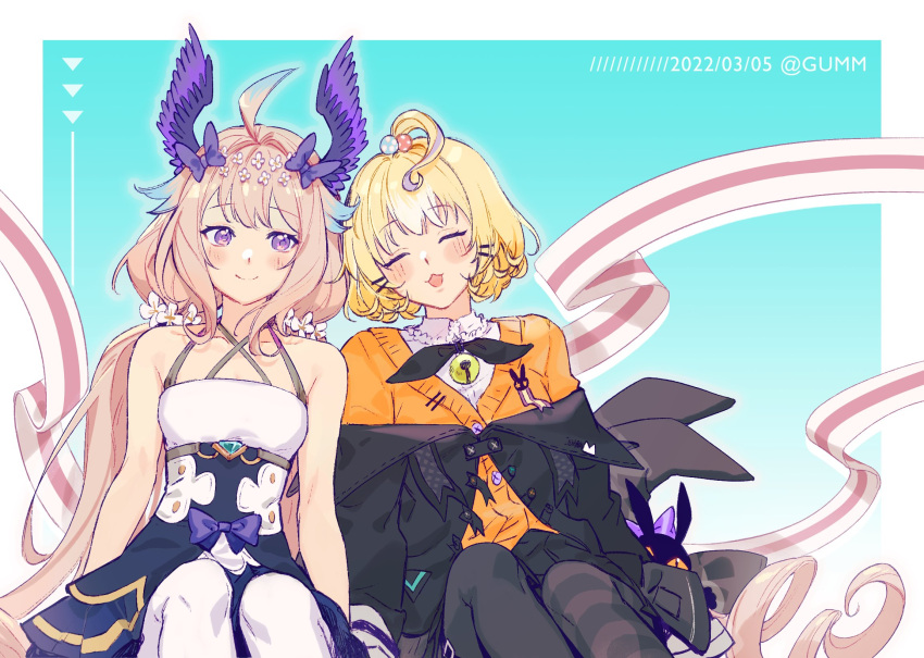 1other, 2girls, absurdly_long_hair, ahoge, bangs, bell, bird_girl, black_cat, black_coat, black_skirt, blonde_hair, blue_background, blue_dress, blue_hair, blush, bob_cut, border, bow, bowtie, breasts, cardigan, cat, closed_eyes, coat, dated, dress, dress_shirt, enna_alouette, flower, green_eyes, guan63947624, hair_bow, hair_flower, hair_ornament, hairclip, head_wings, highres, jingle_bell, long_hair, long_sleeves, looking_at_another, low_twintails, lucie_(millie_parfait), mechanical_wings, millie_parfait, multicolored_hair, multiple_girls, nijisanji, nijisanji_en, orange_bow, orange_cardigan, pantyhose, purple_bow, purple_bowtie, purple_dress, purple_wings, red_robe, school_uniform, shirt, short_hair, sitting, skirt, sleeveless, small_breasts, smile, triangle_mouth, twintails, twitter_username, very_long_hair, violet_eyes, virtual_youtuber, white_background, white_flower, white_robe, white_shirt, wings, witch, yuri