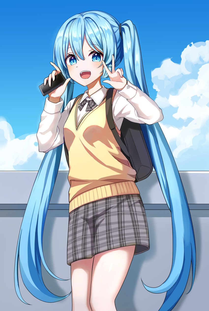 1girl, :d, absurdres, backpack, bag, bangs, blue_eyes, blue_hair