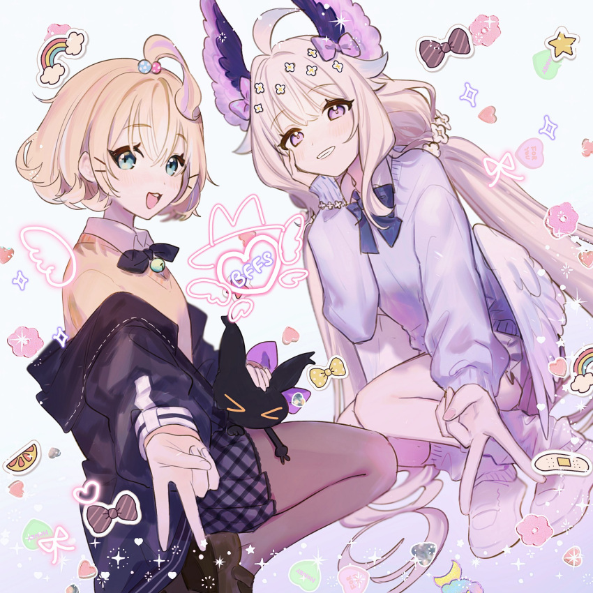 1other, 2girls, absurdly_long_hair, ahoge, bangs, bell, bird_girl, black_cat