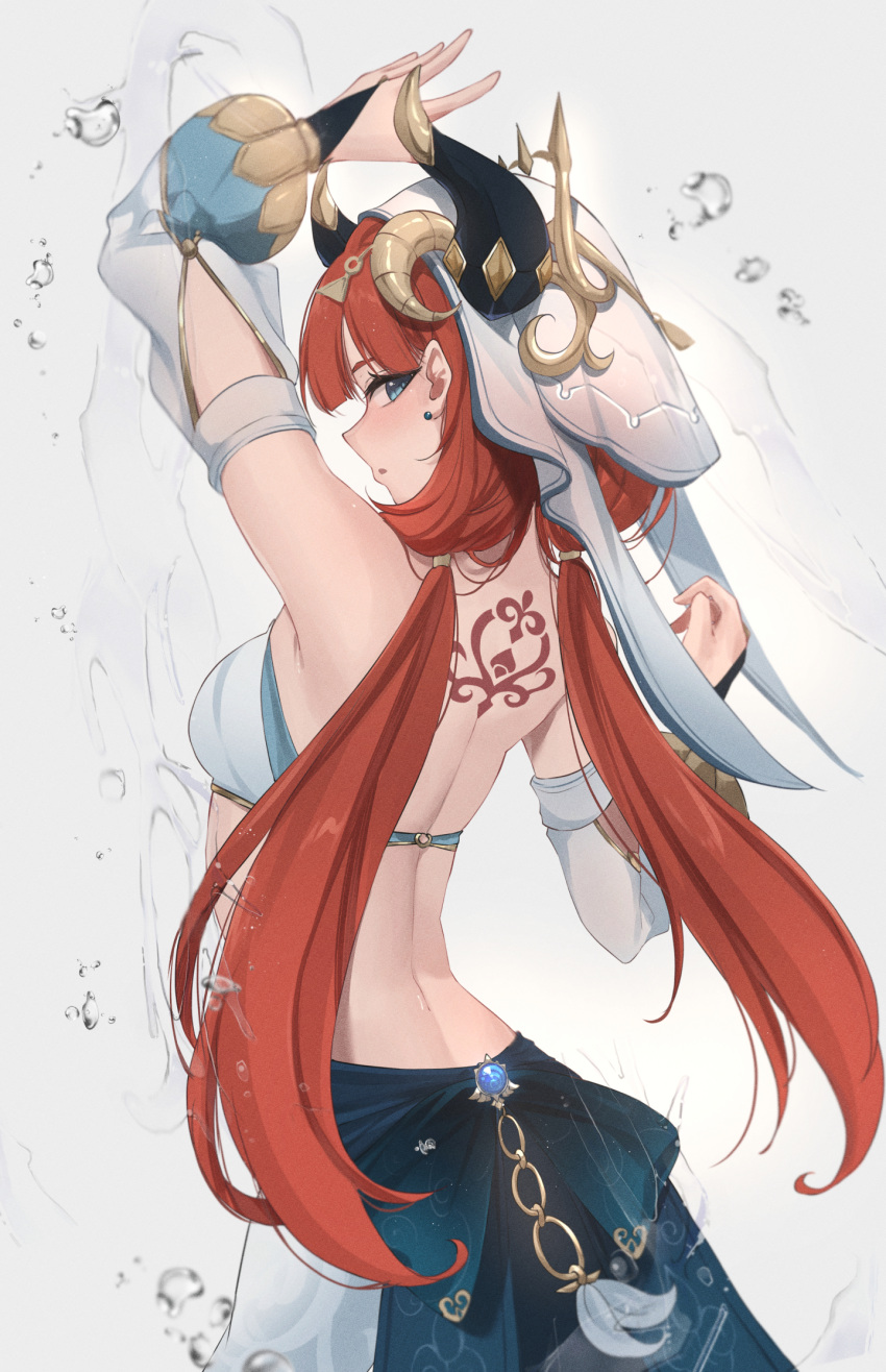 1girl, back, blue_eyes, dancing, from_behind, genshin_impact, long_hair, looking_at_viewer, nilou_(genshin_impact), redhead, tattoo, twin_tails, water