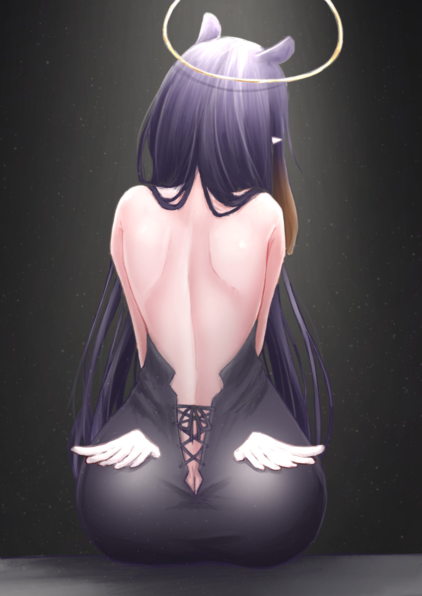1girl, absurdres, ass, back, bare_back, black_dress, dress, gradient_hair, halo, highres, hololive, hololive_english, long_hair, low_wings, multicolored_hair, ninomae_ina'nis, orange_hair, pointy_ears, purple_hair, short_dress, sitting, solo, symbol-only_commentary, tanu_(ace_ikachan), tentacle_hair, very_long_hair, virtual_youtuber, wide_hips, wings