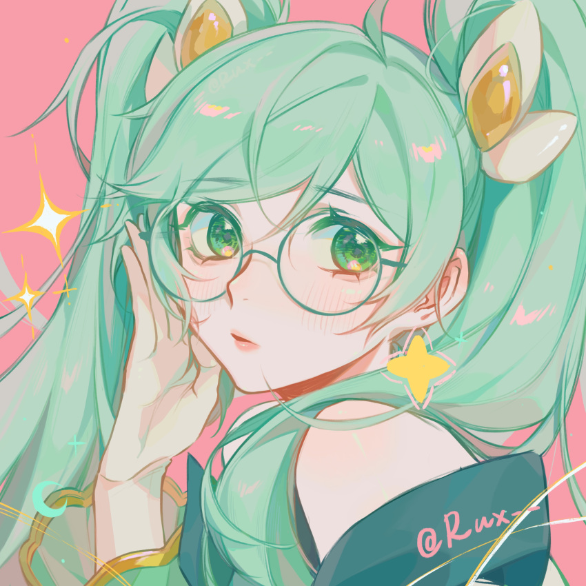 1girl, absurdres, bangs, bare_shoulders, blush, earrings, glasses, green_eyes