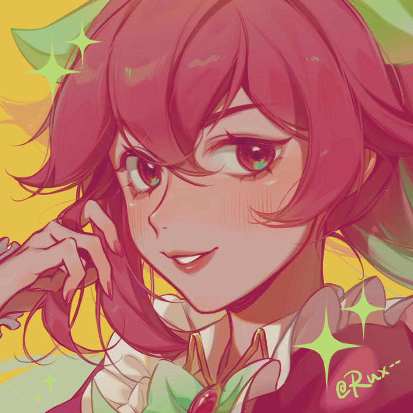 1girl, absurdres, artist_name, bangs, blush, cafe_cuties_sivir, gem, hair_between_eyes, hair_ornament, highres, league_of_legends, long_hair, looking_at_viewer, nail_polish, parted_lips, portrait, red_eyes, red_nails, redhead, ruan_chen_yue, shiny, shiny_hair, shiny_skin, simple_background, sivir, smile, solo, sparkle, teeth, yellow_background