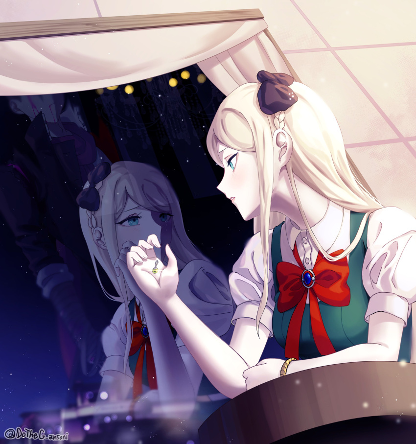 1girl, absurdres, bandaged_arm, bandages, bangs, black_bow, blonde_hair, blood