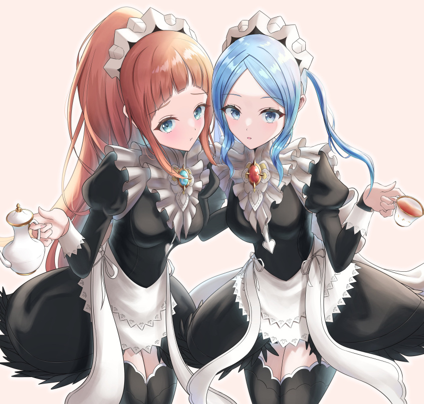 2girls, absurdres, apron, black_dress, black_thighhighs, blue_eyes, brown_hair, cup, dress, felicia_(fire_emblem), fire_emblem, fire_emblem_fates, flora_(fire_emblem), frills, highres, holding, holding_cup, jewelry, long_hair, long_sleeves, maid, maid_apron, maid_headdress, multiple_girls, okazu2010015, ponytail, siblings, skirt, tea, teacup, teapot, thigh-highs, twins, twintails, zettai_ryouiki