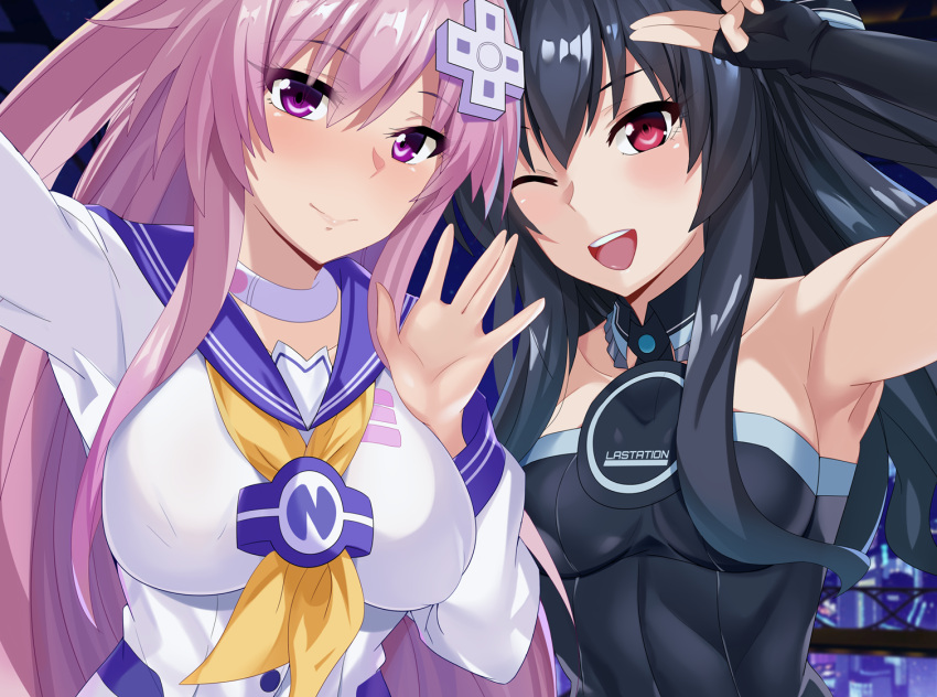 2girls, bare_shoulders, black_hair, blush, breasts, choker, d-pad, d-pad_hair_ornament