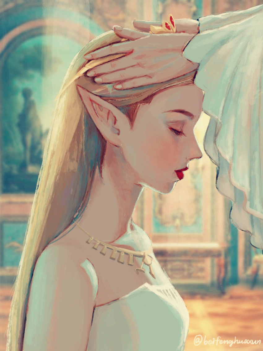 2girls, beifenghuaxun, blonde_hair, closed_eyes, coronation, crown, dress, highres, indoors, jewelry, lipstick, long_hair, makeup, multiple_girls, necklace, pointy_ears, princess_zelda, profile, sleeveless, sleeveless_dress, strapless, strapless_dress, the_legend_of_zelda, the_legend_of_zelda:_breath_of_the_wild, upper_body, white_dress, wide_sleeves