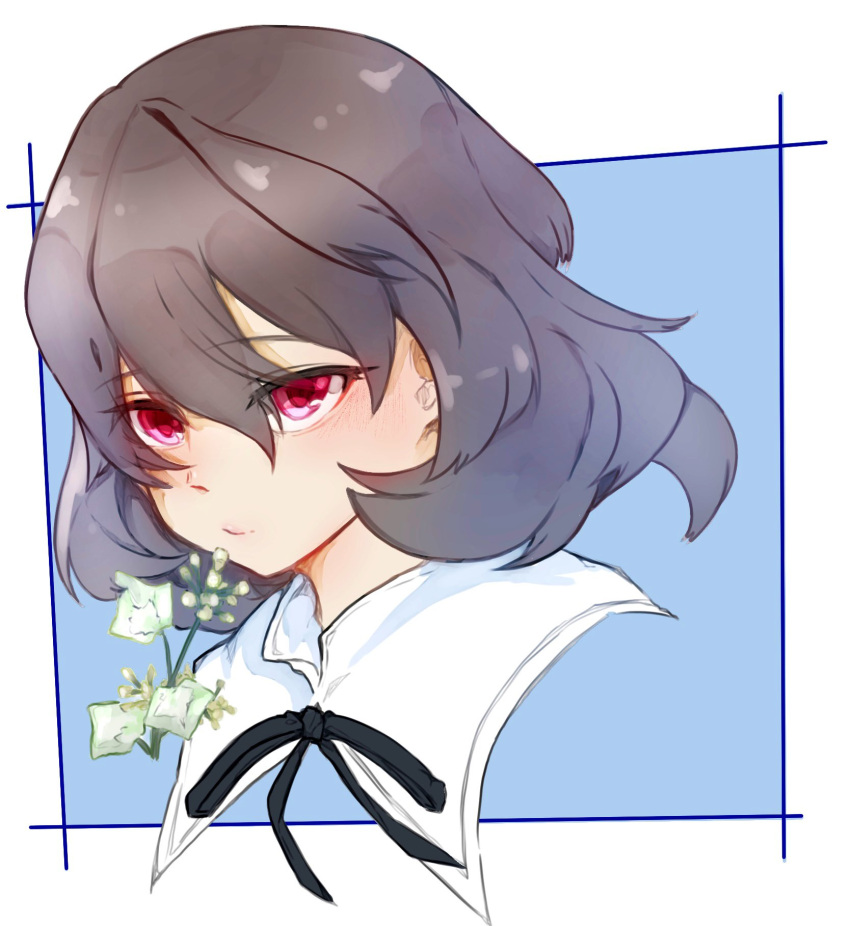 1girl, assault_lily, bangs, black_ribbon, blue_background, border, closed_mouth, commentary