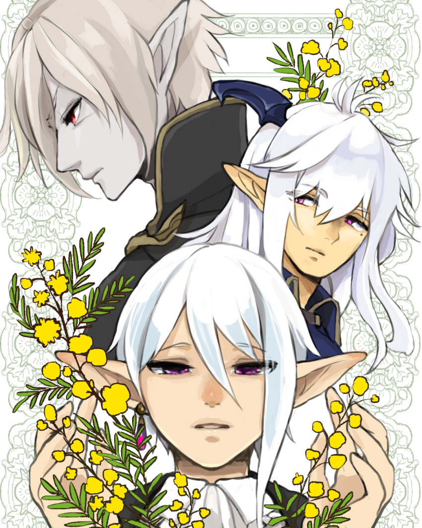 3boys, ascot, character_request, elf, erebas_the_demon_king, floral_background, flower, hair_between_eyes
