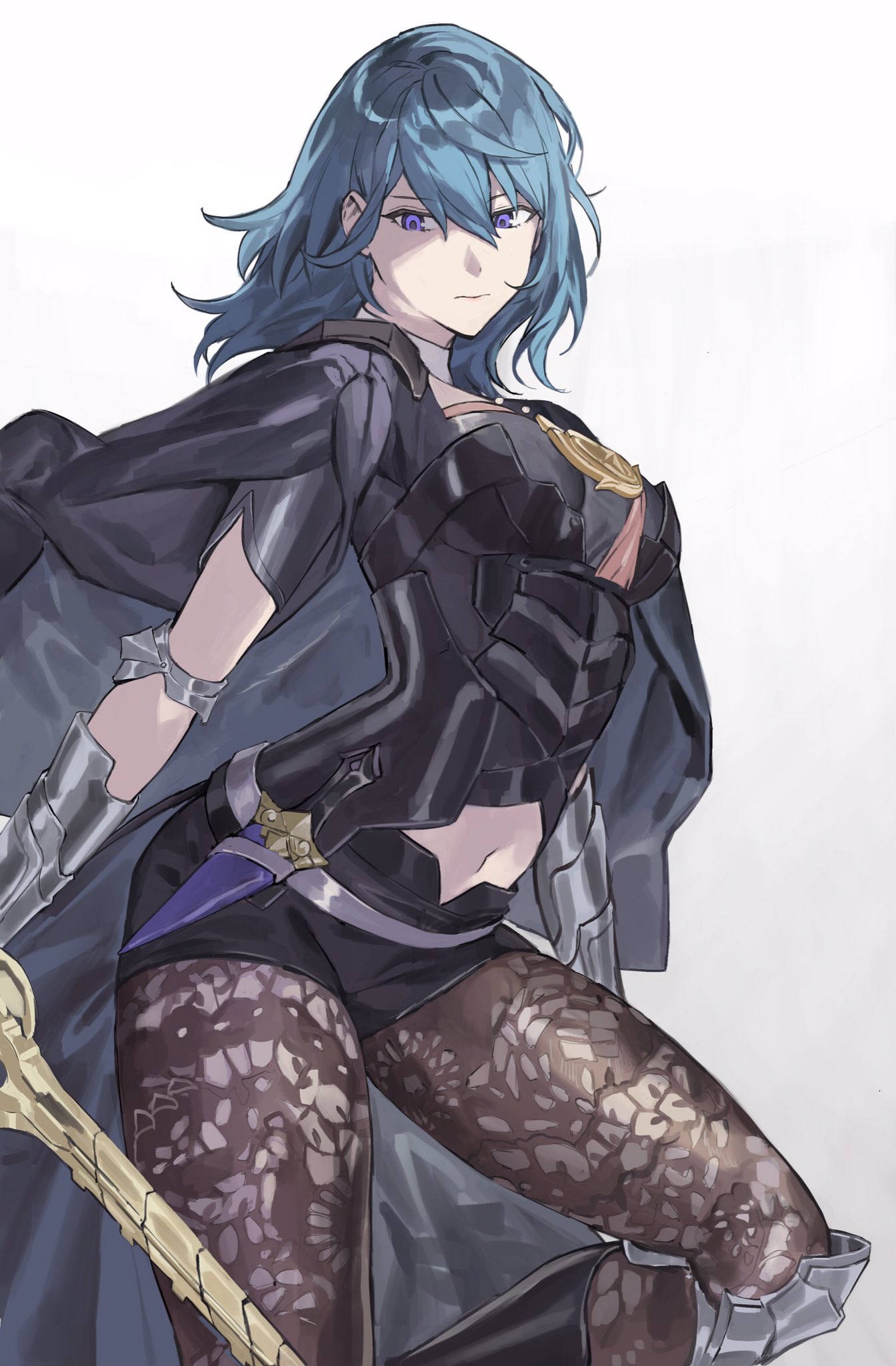 1girl, blue_eyes, blue_hair, boots, byleth_(fire_emblem), byleth_eisner_(female), cape, clothing_cutout