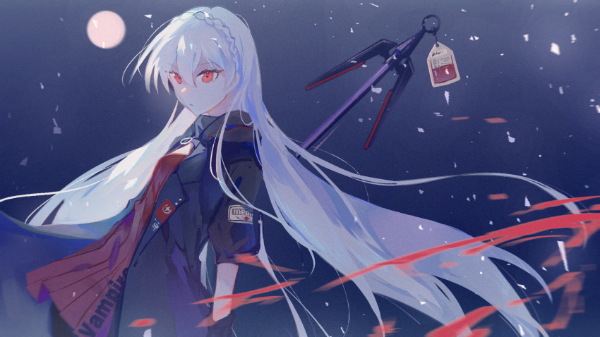 1girl, amari, arknights, black_gloves, black_jacket, black_pantyhose, blood, blood_bag