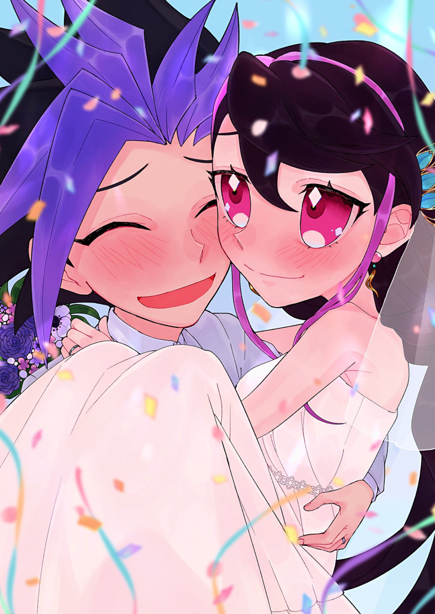 1boy, 1girl, 28grtm, belt, black_hair, black_jacket, black_pants, blue_eyes