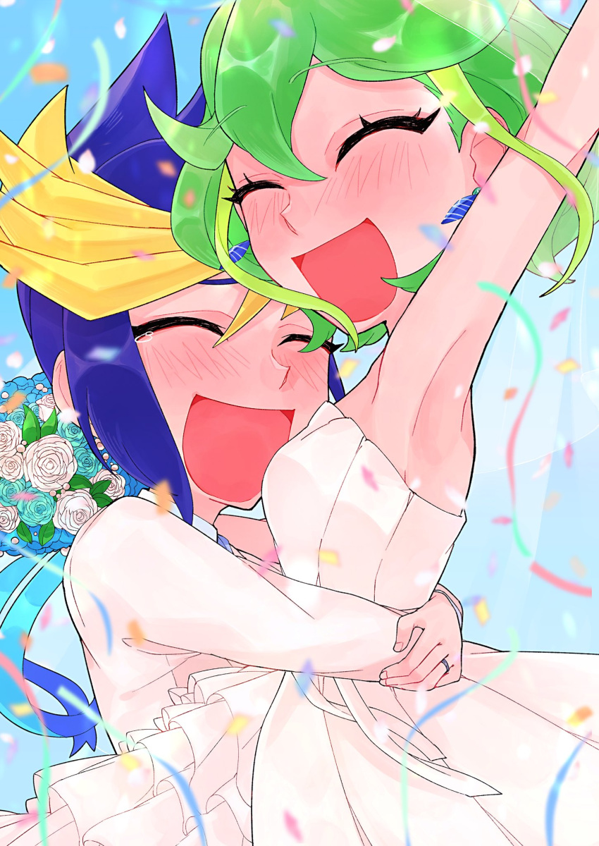 1boy, 1girl, 28grtm, ahoge, blonde_hair, blue_eyes, blue_hair, choker