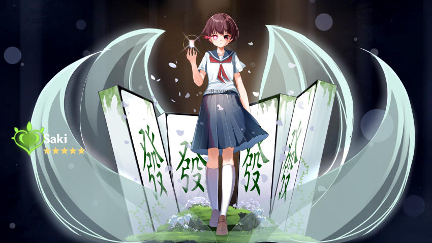 absurdres, ascot, blue_skirt, brown_hair, collared_shirt, dark_background, falling_petals, flaming_eye, flower, genshin_impact, grass, hand_up, highres, kneehighs, looking_at_viewer, mahjong, mahjong_tile, miyanaga_saki, petals, raven_(user_wxen7542), red_eyes, saki, school_uniform, serafuku, shirt, shoes, short_hair, short_sleeves, skirt, socks, star_(symbol), white_socks