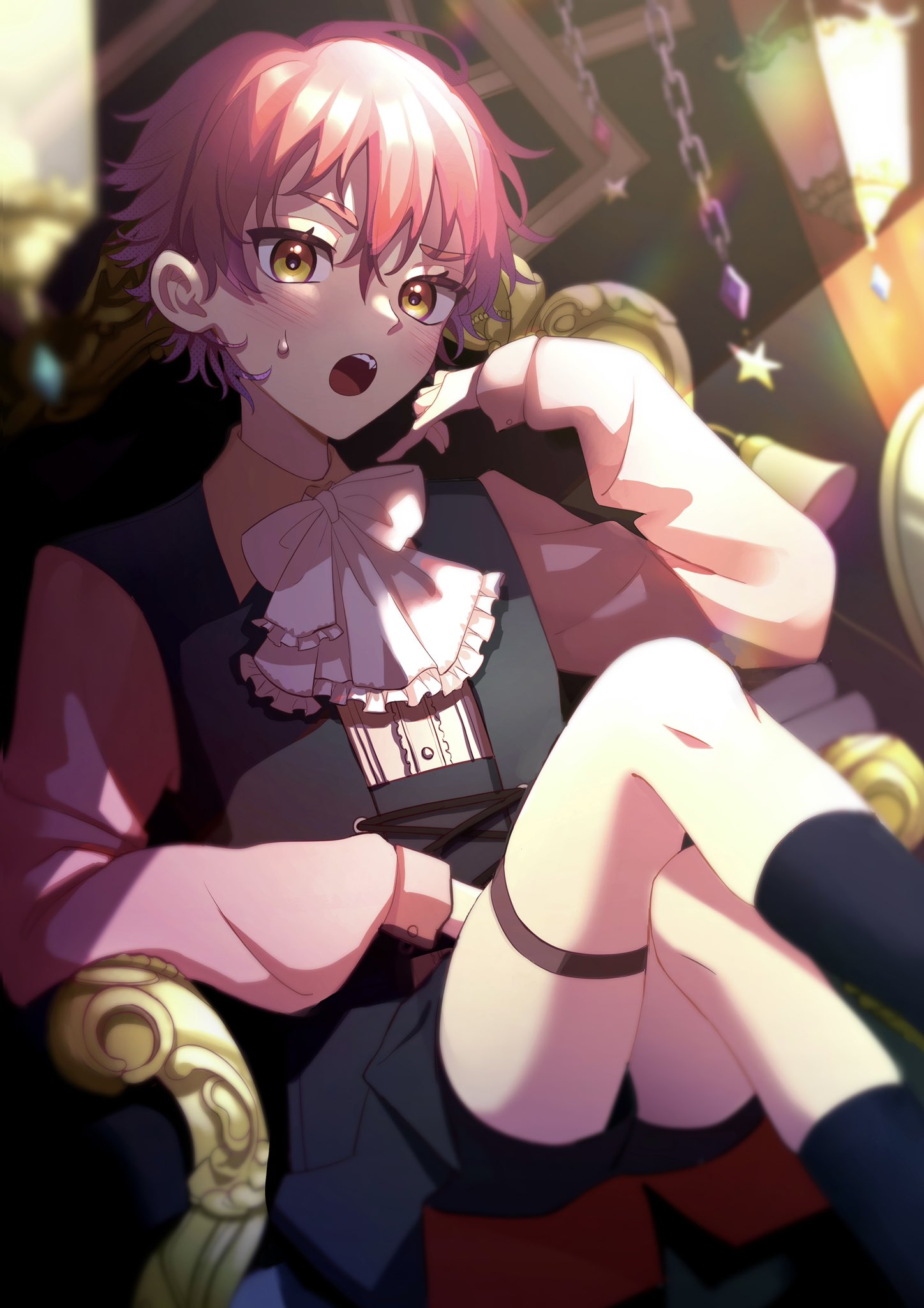 1boy, aruminsuko, blush, crossed_legs, fang, highres, long_sleeves, looking_at_viewer