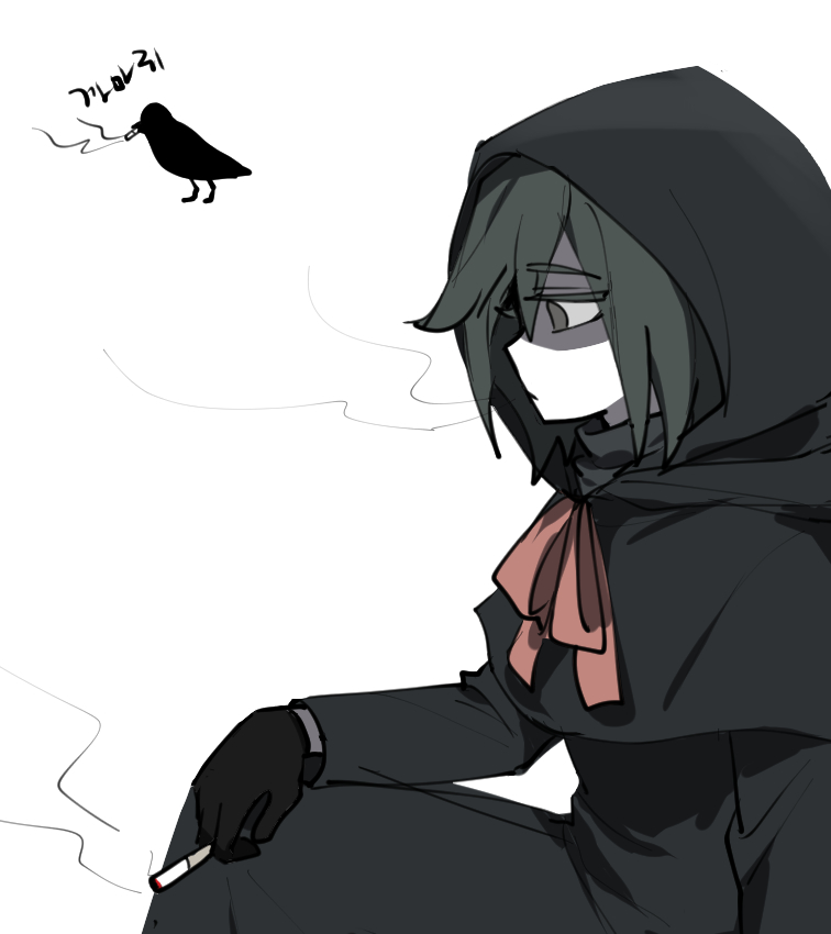 1girl, bird, black_dress, black_gloves, capelet, character_name, cigarette, colored_eyelashes