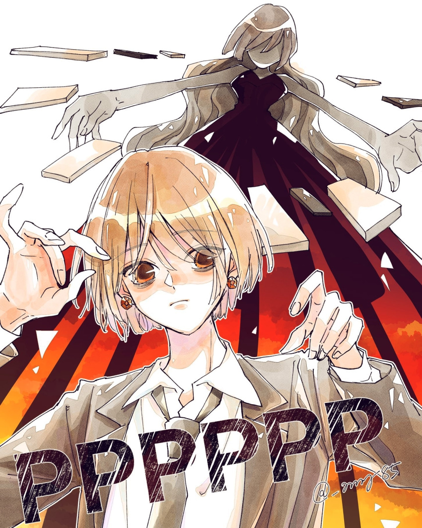 1boy, 1girl, amng85_(tennagi), artist_name, black_dress, black_necktie, brown_eyes, brown_hair, copyright_name, dress, earrings, faceless, faceless_female, formal, highres, jewelry, long_sleeves, looking_at_viewer, necktie, otogami_reijirou, piano_keys, pppppp, shirt, short_hair, suit, upper_body, white_background, white_shirt