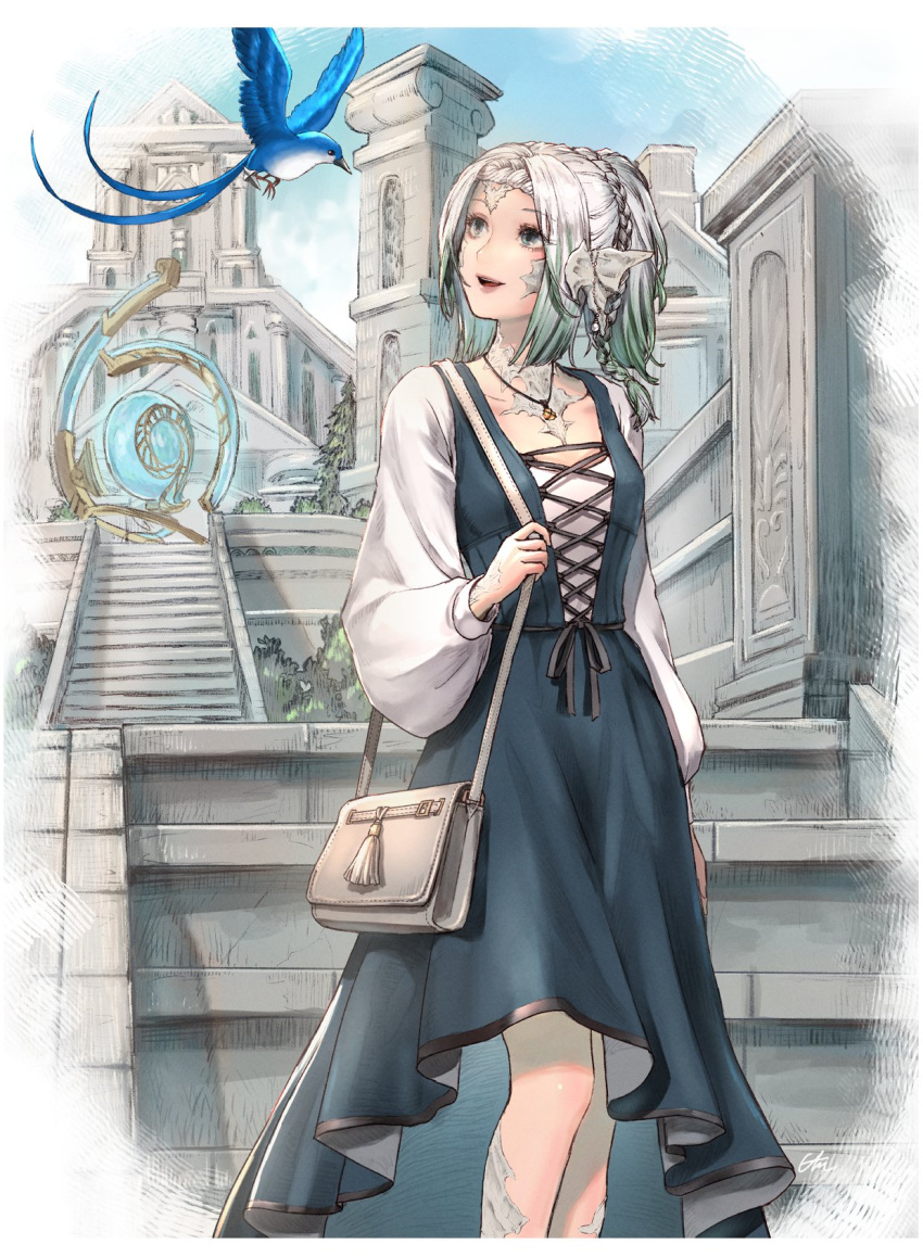 1girl, aetheryte, alternate_form, architecture, arm_at_side, au_ra, avatar_(ff14), bag