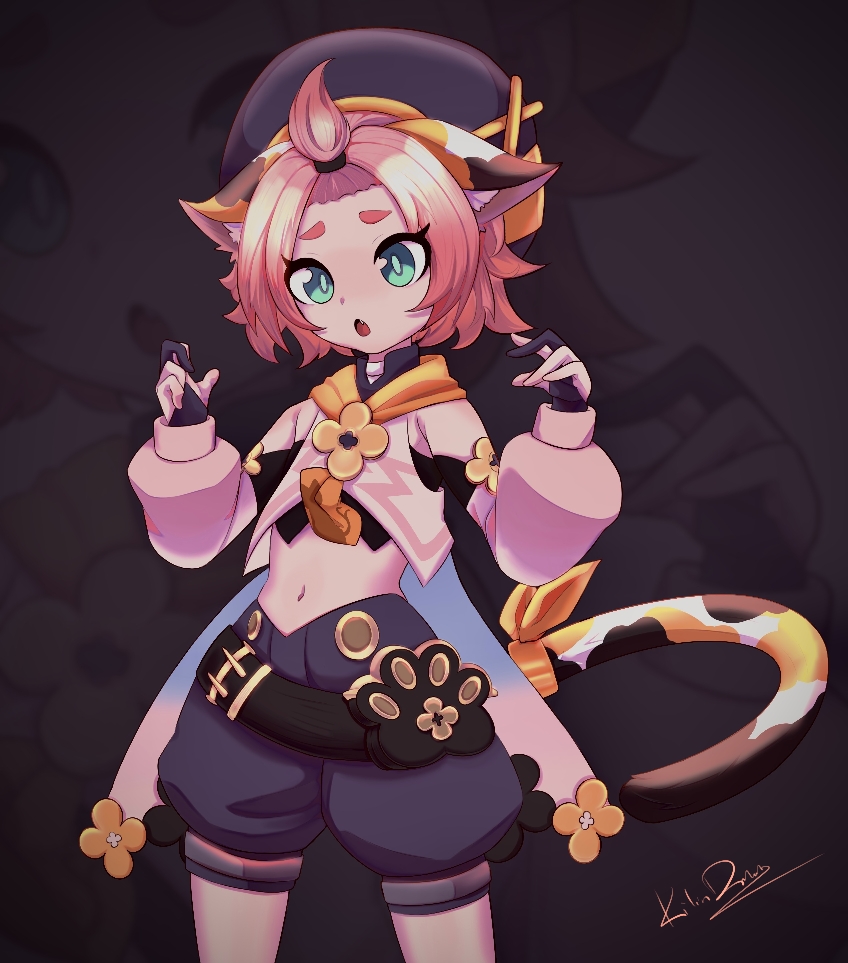 1girl, bag, belt, black_shorts, choker, commentary_request, detached_sleeves, diona_(genshin_impact), forehead, genshin_impact, gloves, green_eyes, hair_ribbon, hat, kilindilock, long_sleeves, looking_at_viewer, navel, parted_lips, paw_print, pink_hair, puffy_detached_sleeves, puffy_shorts, puffy_sleeves, ribbon, short_hair, shorts, sidelocks, simple_background, solo, stomach, thick_eyebrows, white_gloves, zoom_layer