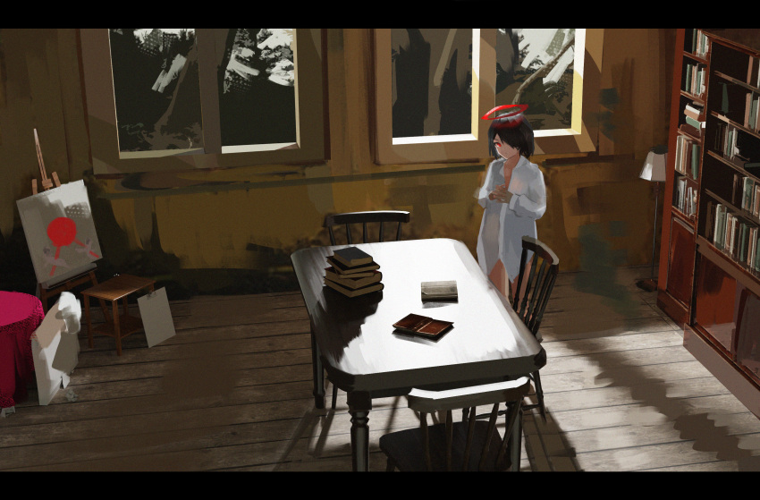 1girl, absurdres, black_hair, book, book_stack, bookshelf, canvas_(object), chair