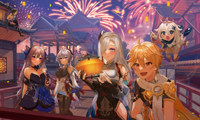 3boys, 5girls, absurdres, aether_(genshin_impact), anzu0130, aqua_eyes, black_bodysuit, blonde_hair